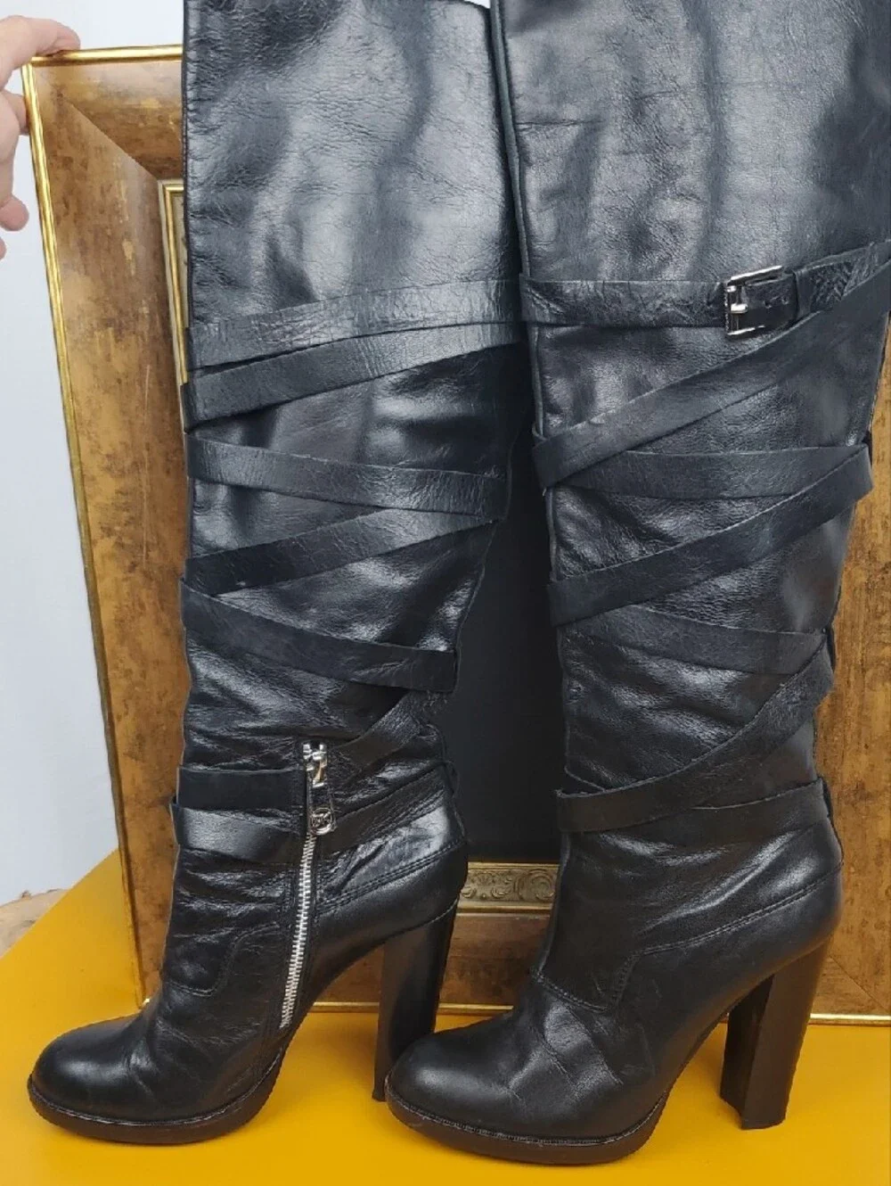 Michael Kors Black Over-the-Knee Leather Boots with Wrap Straps